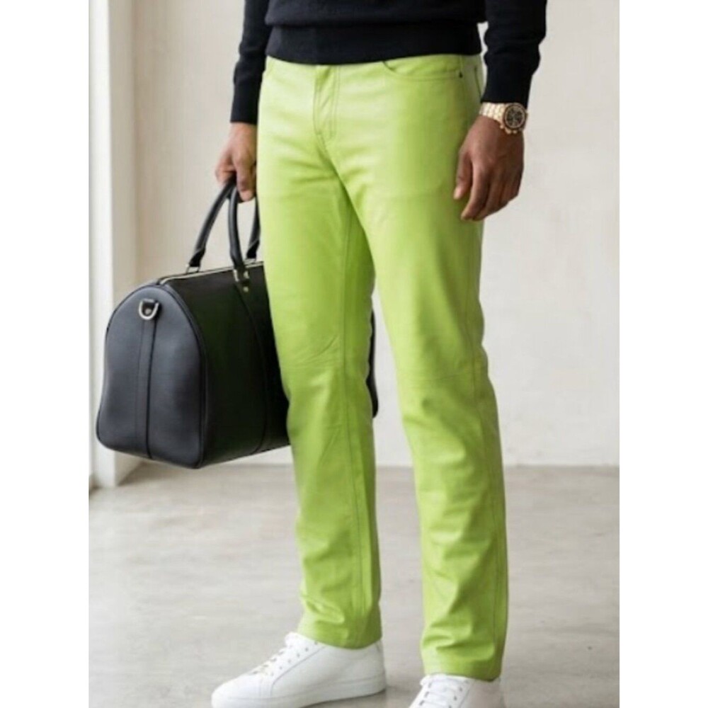 Sp5der Slime Lime Neon Green Straight-Leg Premium Leather Streetwear Pants SZ 36